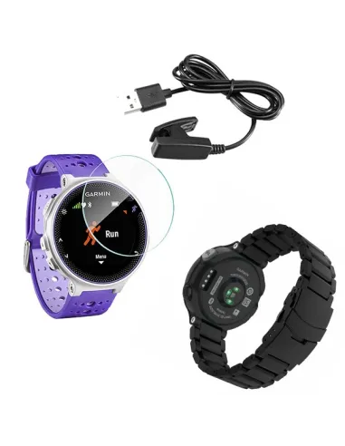 Kit Bracelete Aço Stainless Lux + Carregador + Película para Garmin Forerunner 230 - Preto