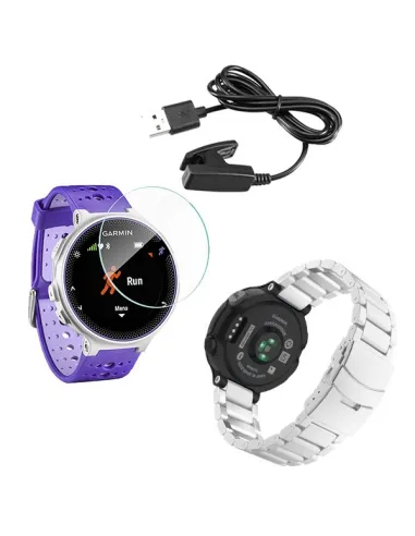 Kit Bracelete Aço Stainless Lux + Carregador + Película para Garmin Forerunner 735XT - Cinza