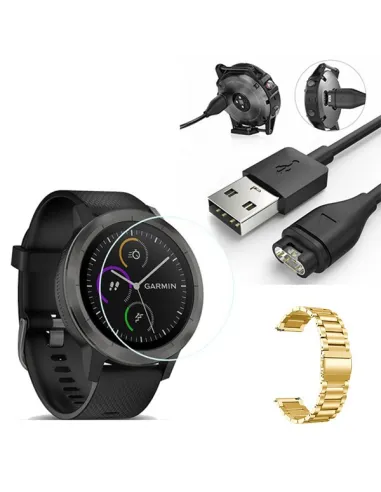 Kit Bracelete Aço Stainless Lux + Carregador + Película para Garmin VivoActive 3 - Ouro