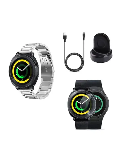 Kit Bracelete Aço Stainless Lux + Carregador + Película para Samsung Gear S3 Classic - Cinza