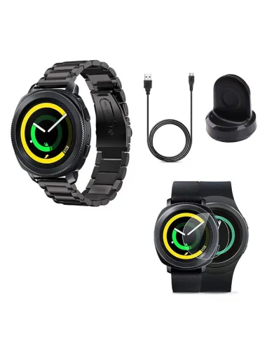 Kit Bracelete Aço Stainless Lux + Carregador + Película para Samsung Gear S3 Classic - Preto