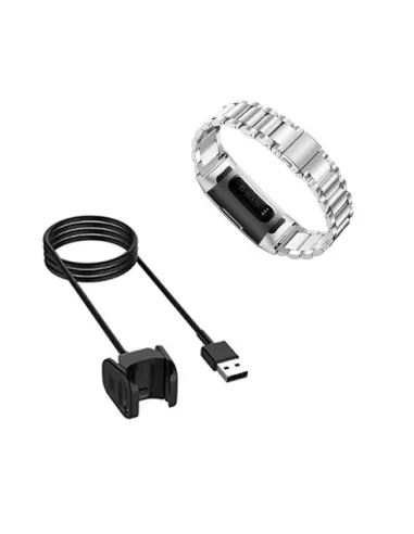 Kit Bracelete Aço Stainless Lux + Carregador para Fitbit Charge 3 - Cinza