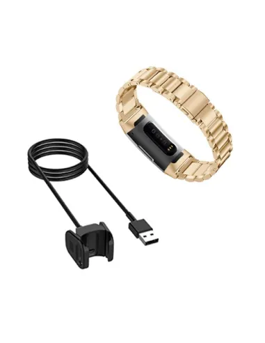 Kit Bracelete Aço Stainless Lux + Carregador para Fitbit Charge 3 - Ouro