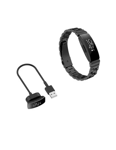 Kit Bracelete Aço Stainless Lux + Carregador para Fitbit Inspire - Preto