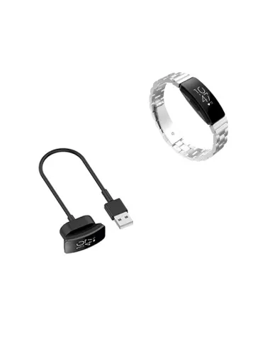 Kit Bracelete Aço Stainless Lux + Carregador para Fitbit Inspire HR - Cinza