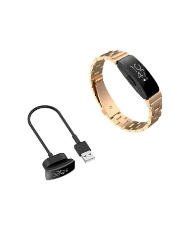 Kit Bracelete Aço Stainless Lux + Carregador para Fitbit Inspire HR - Ouro