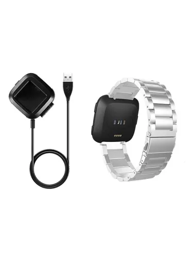 Kit Bracelete Aço Stainless Lux + Carregador para Fitbit Versa - Cinza