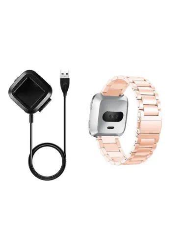 Kit Bracelete Aço Stainless Lux + Carregador para Fitbit Versa Lite - Ouro