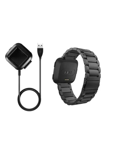 Kit Bracelete Aço Stainless Lux + Carregador para Fitbit Versa Lite - Preto