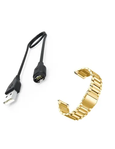 Kit Bracelete Aço Stainless Lux + Carregador para Garmin Forerunner 645 - Ouro