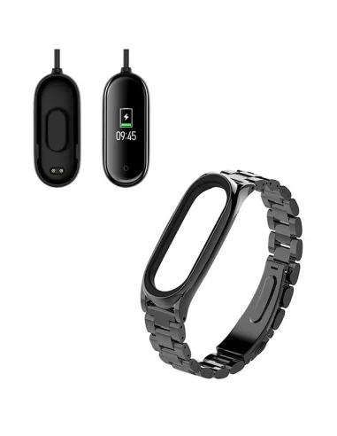 Kit Bracelete Aço Stainless Lux + Carregador para Xiaomi Mi Band 4 - Preto