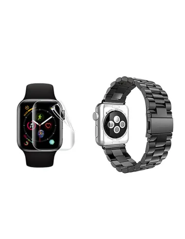 Kit Bracelete Aço Stainless Lux + Película de Gel Full Cover para Apple Watch Edition Series 7 - 41mm - Preto