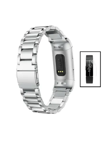 Kit Bracelete Aço Stainless Lux + Película de Gel Full Cover para Fitbit Ace 2 - Cinza / Transparente