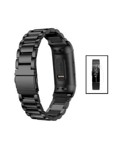 Kit Bracelete Aço Stainless Lux + Película de Gel Full Cover para Fitbit Ace 2 - Preto / Transparente