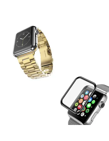 Kit Bracelete Aço Stainless Lux + Película de Vidro 3D para Apple Watch Series 3 - 38mm - Ouro