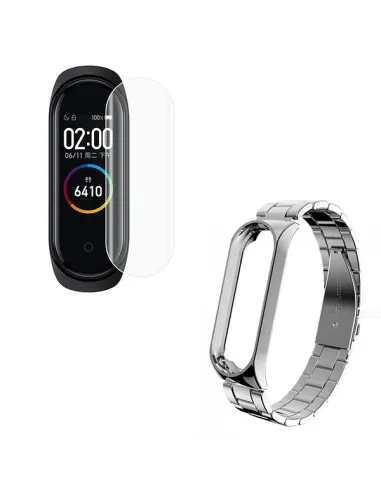 Kit Bracelete Aço Stainless Lux + Película Protectora Ecrã Gel Full Cover para AmazFit Band 5 - Cinza