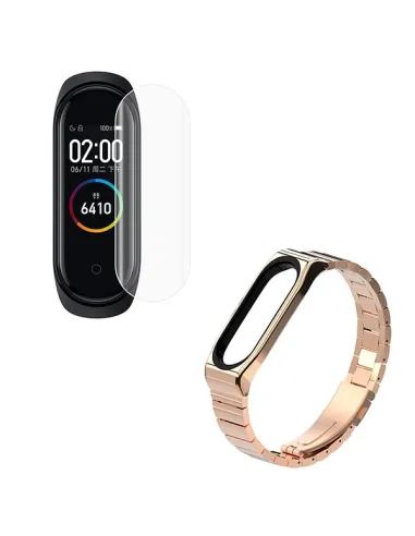 Kit Bracelete Aço Stainless Lux + Película Protectora Ecrã Gel Full Cover para AmazFit Band 5 - Ouro