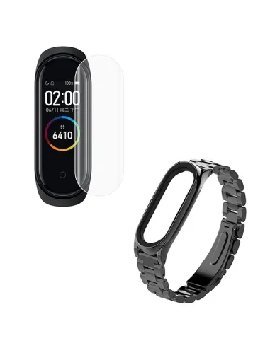 Kit Bracelete Aço Stainless Lux + Película Protectora Ecrã Gel Full Cover para AmazFit Band 5 - Preto