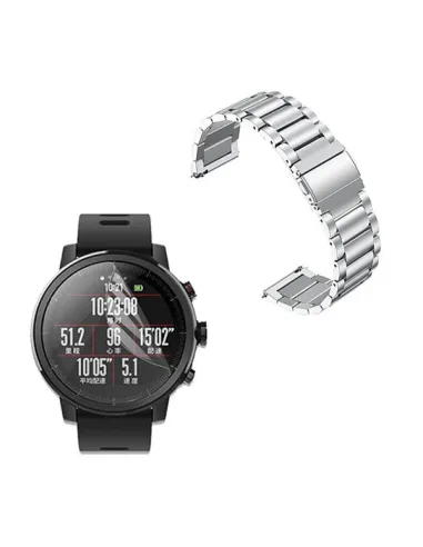 Kit Bracelete Aço Stainless Lux + Película Protectora Ecrã Gel Full Cover para AmazFit Pace 2 - Cinza