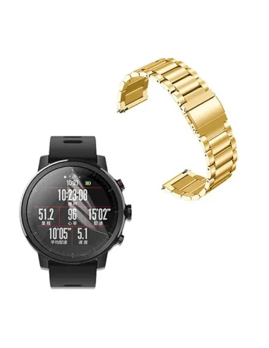 Kit Bracelete Aço Stainless Lux + Película Protectora Ecrã Gel Full Cover para AmazFit Pace 2 - Ouro