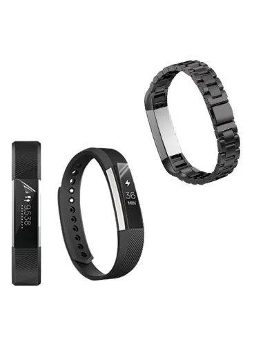 Kit Bracelete Aço Stainless Lux + Película Protectora Ecrã Gel Full Cover para Fitbit Alta - Preto