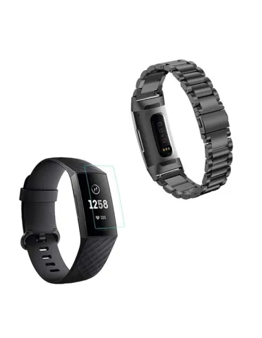 Kit Bracelete Aço Stainless Lux + Película Protectora Ecrã Gel Full Cover para Fitbit Charge 3 - Preto