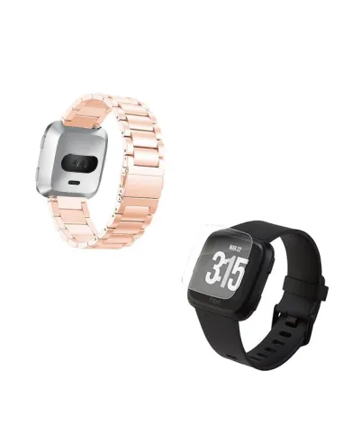 Kit Bracelete Aço Stainless Lux + Película Protectora Ecrã Gel Full Cover para Fitbit Versa - Ouro