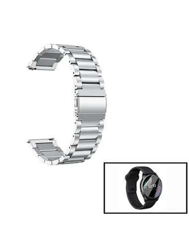 Kit Bracelete Aço Stainless Lux + Película Protectora Ecrã Gel Full Cover para OnePlus Watch - Cinza