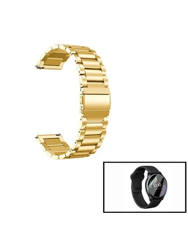 Kit Bracelete Aço Stainless Lux + Película Protectora Ecrã Gel Full Cover para OnePlus Watch - Ouro