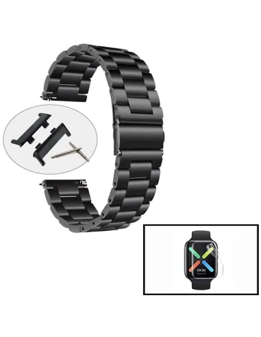 Kit Bracelete Aço Stainless Lux + Película Protectora Ecrã Gel Full Cover para Oppo Watch 41mm - Preto