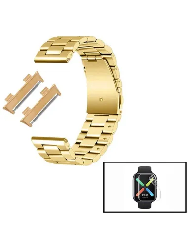 Kit Bracelete Aço Stainless Lux + Película Protectora Ecrã Gel Full Cover para Oppo Watch 46mm - Ouro