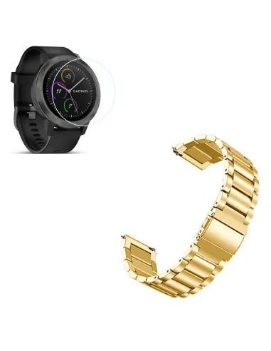 Kit Bracelete Aço Stainless Lux + Película para Garmin VivoActive 3 - Ouro