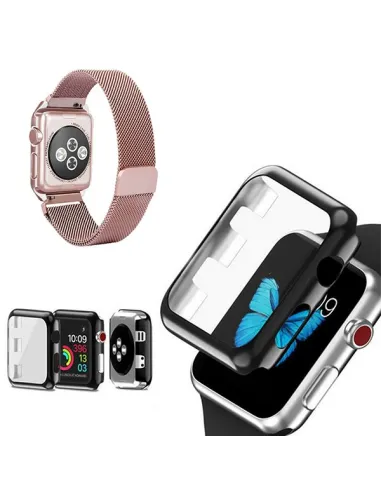 Kit Bracelete Milanese Loop Fecho Magnético + Capa Anti-Impacto para Apple Watch Series 3 - 38mm - Rosa