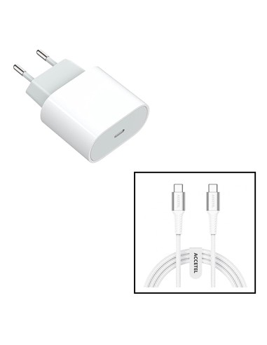 Kit Base Carregador Type C FastCharge 20W + Cabo de Carga 60W 3.0A 1m Type C - Type C com Tecnologia PD ACCETEL para Apple iPad 