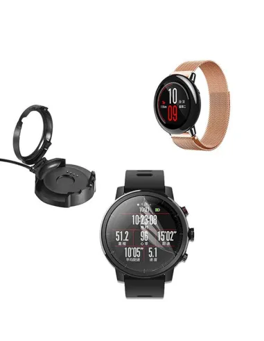 Kit Bracelete Milanese Loop Fecho Magnético + Carregador + Película Ecrã Gel Full Cover para AmazFit Stratos - Rosa