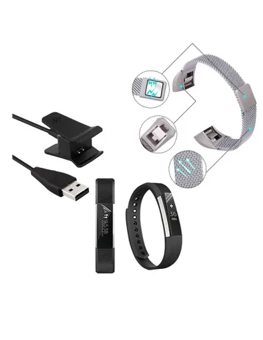 Kit Bracelete Milanese Loop Fecho Magnético + Carregador + Película Ecrã Gel Full Cover para Fitbit Alta - Cinza