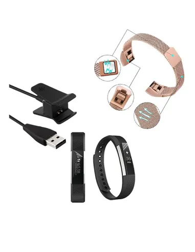 Kit Bracelete Milanese Loop Fecho Magnético + Carregador + Película Ecrã Gel Full Cover para Fitbit Alta - Rosa