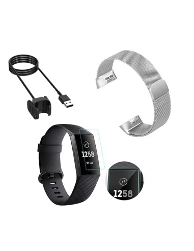 Kit Bracelete Milanese Loop Fecho Magnético + Carregador + Película Ecrã Gel Full Cover para Fitbit Charge 3 - Cinza