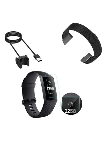 Kit Bracelete Milanese Loop Fecho Magnético + Carregador + Película Ecrã Gel Full Cover para Fitbit Charge 3 - Preto