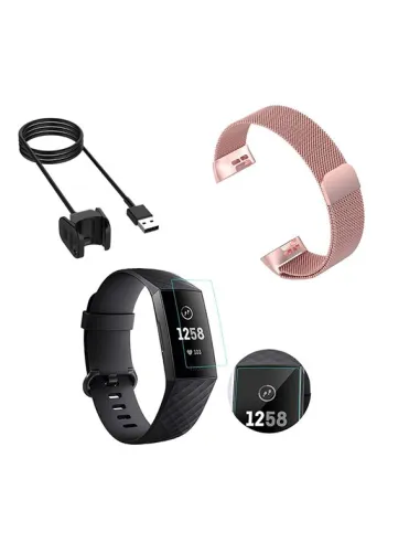 Kit Bracelete Milanese Loop Fecho Magnético + Carregador + Película Ecrã Gel Full Cover para Fitbit Charge 3 - Rosa