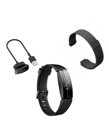 Kit Bracelete Milanese Loop Fecho Magnético + Carregador + Película Ecrã Gel Full Cover para Fitbit Inspire HR - Preto