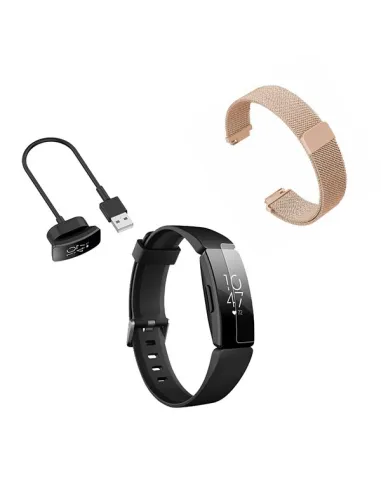 Kit Bracelete Milanese Loop Fecho Magnético + Carregador + Película Ecrã Gel Full Cover para Fitbit Inspire HR - Rosa