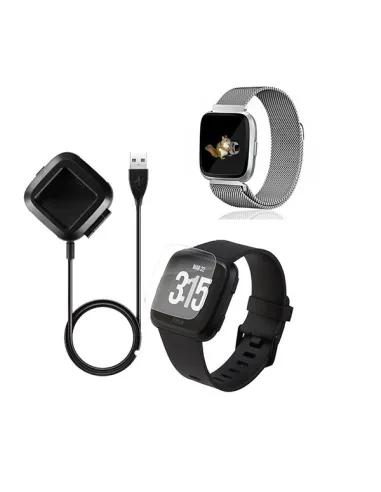 Kit Bracelete Milanese Loop Fecho Magnético + Carregador + Película Ecrã Gel Full Cover para Fitbit Versa - Cinza