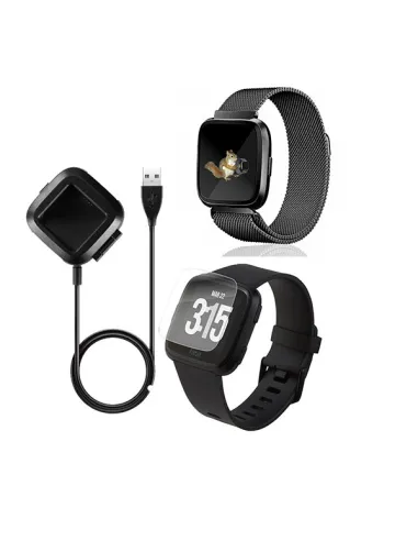 Kit Bracelete Milanese Loop Fecho Magnético + Carregador + Película Ecrã Gel Full Cover para Fitbit Versa - Preto