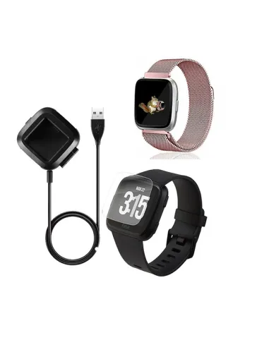 Kit Bracelete Milanese Loop Fecho Magnético + Carregador + Película Ecrã Gel Full Cover para Fitbit Versa - Rosa