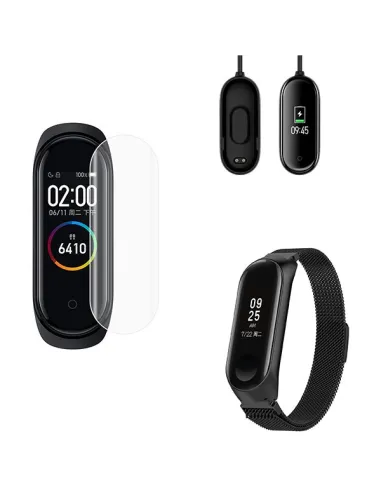 Kit Bracelete Milanese Loop Fecho Magnético + Carregador + Película Ecrã Gel Full Cover para Xiaomi Mi Band 4 - Preto