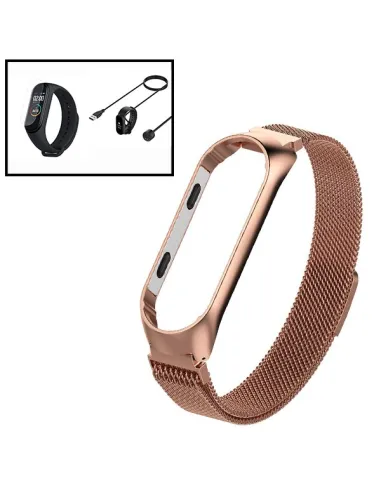 Kit Bracelete Milanese Loop Fecho Magnético + Carregador + Película Ecrã Gel Full Cover para Xiaomi Mi Band 5 - Ouro Rosa