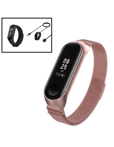 Kit Bracelete Milanese Loop Fecho Magnético + Carregador + Película Ecrã Gel Full Cover para Xiaomi Mi Band 5 - Rosa