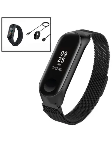 Kit Bracelete Milanese Loop Fecho Magnético + Carregador + Película Ecrã Gel Full Cover para Xiaomi Mi Band 6 - Preto