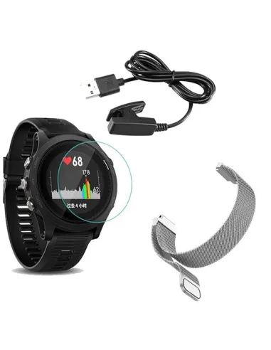 Kit Bracelete Milanese Loop Fecho Magnético + Carregador + Película para Garmin Forerunner 630 - Cinza